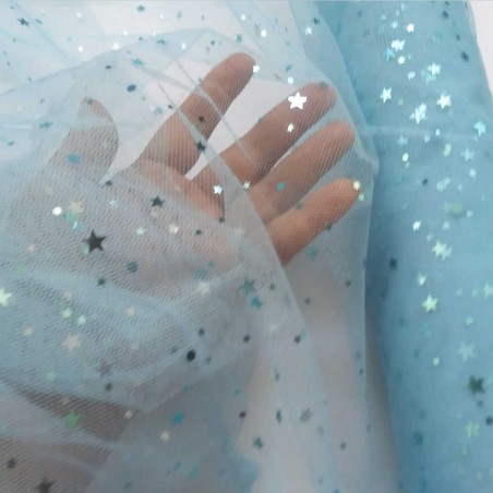 Tulle étoiles bleu céleste