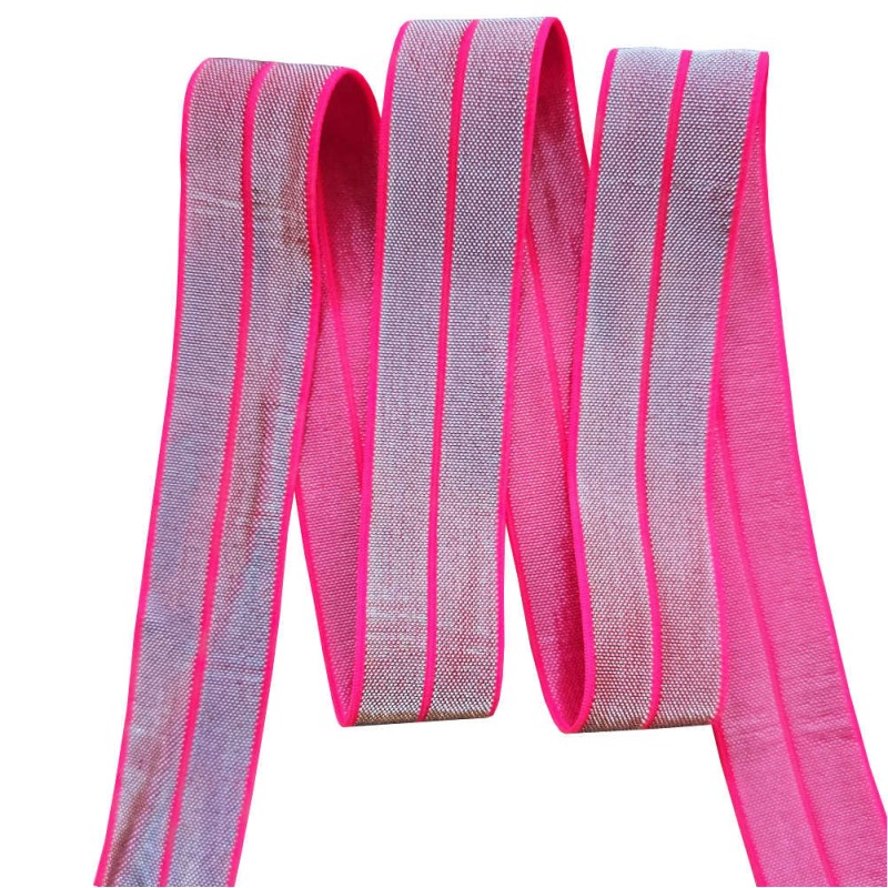Nastro in Sbieco Elastico FOE (Fold Over Elastic) LUREX 20mm Fuchsia Fluoro / argento